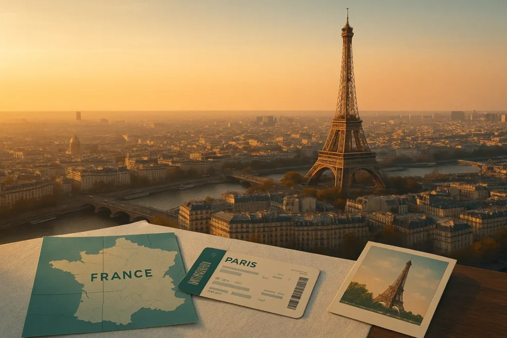 Quanto custa viajar para a França: vista aérea da Torre Eiffel ao amanhecer
