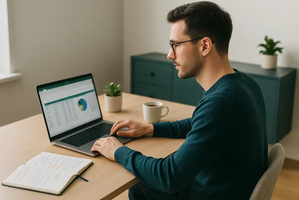 Pessoa estudando e organizando finanças no Excel em um ambiente moderno e iluminado