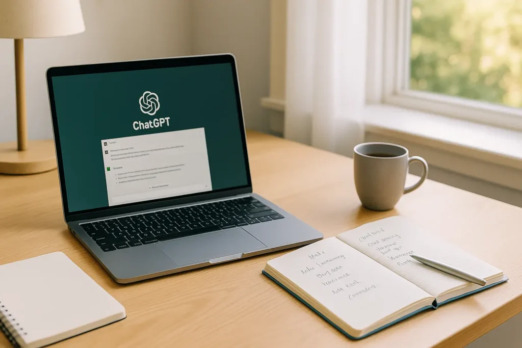 Pessoa iniciando rotina de estudos com o ChatGPT para aprender inglês e francês.