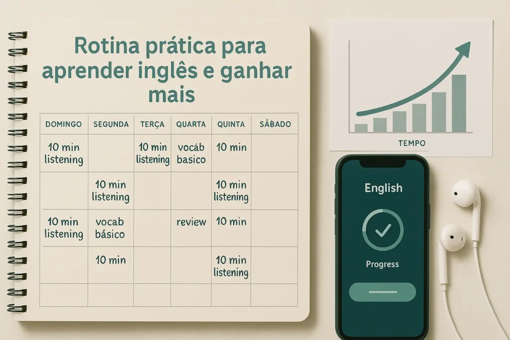 Planner com rotina de inglês mostrando evolução rumo a ganhos maiores