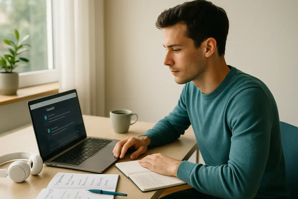 Pessoa estudando inglês e francês com o ChatGPT em um ambiente moderno e iluminado.
