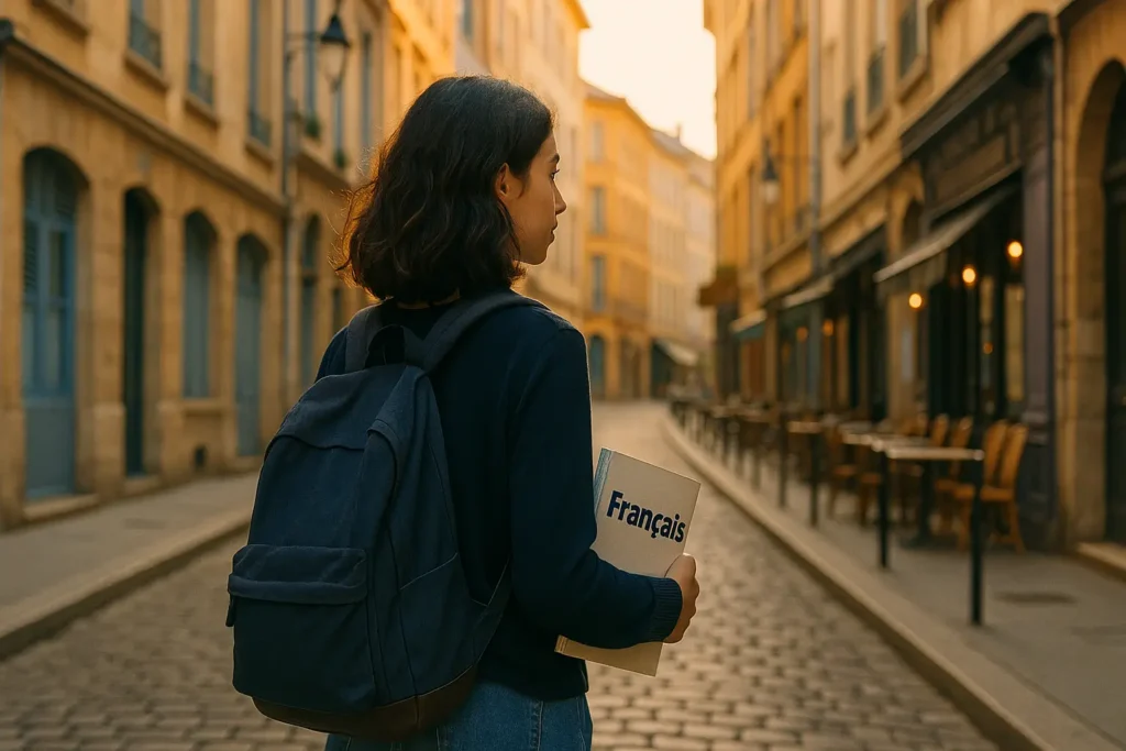 Estudante caminhando em cidade francesa enquanto aprende francês por imersão.