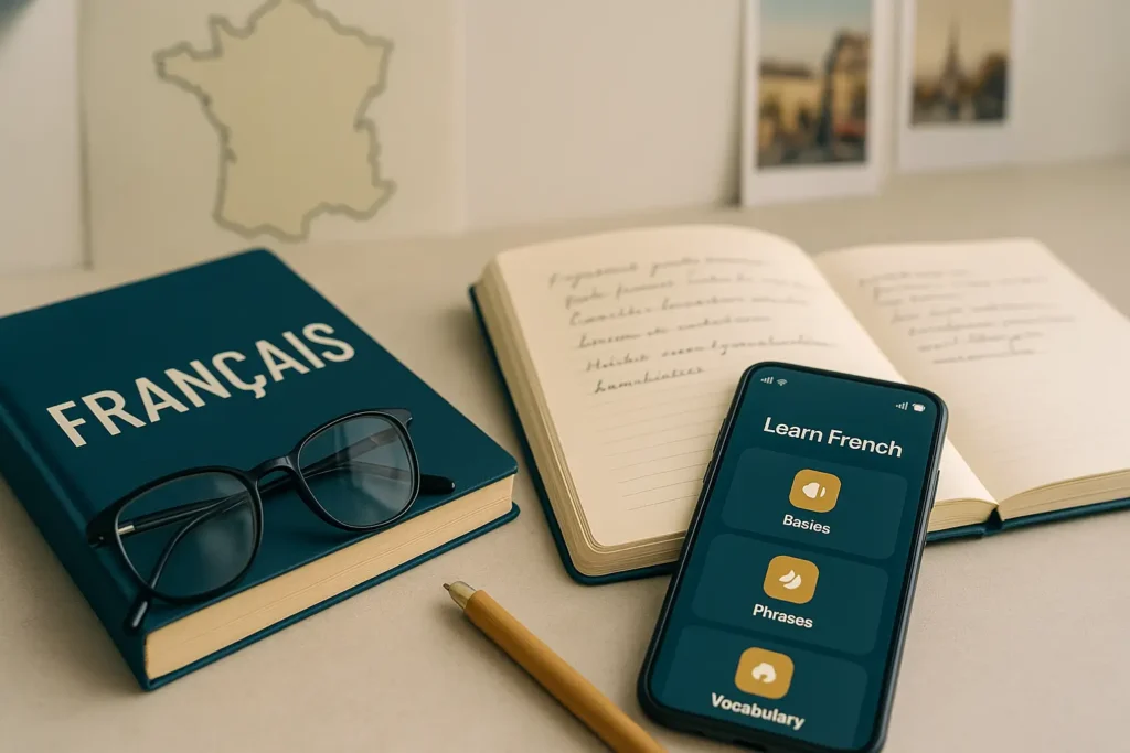 Mesa elegante com materiais de estudo de francês, representando quanto custa aprender francês.