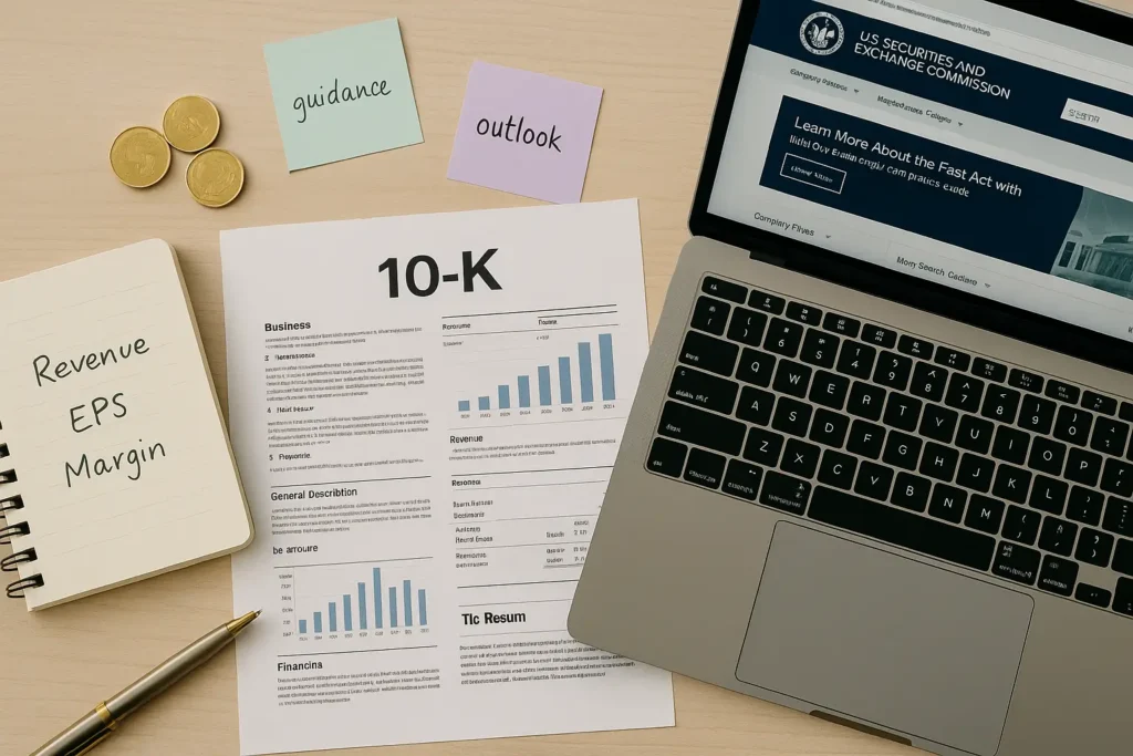 Relatório 10-K e laptop mostrando como ler relatórios de empresas dos EUA em inglês