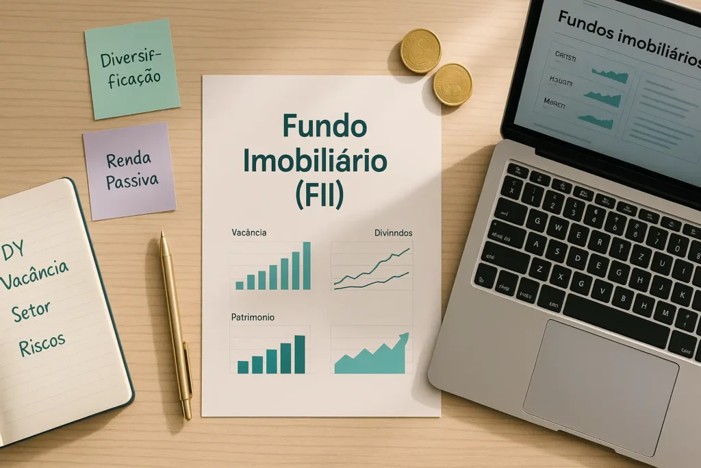 Materiais de estudo mostrando como investir em fundos imobiliários do zero