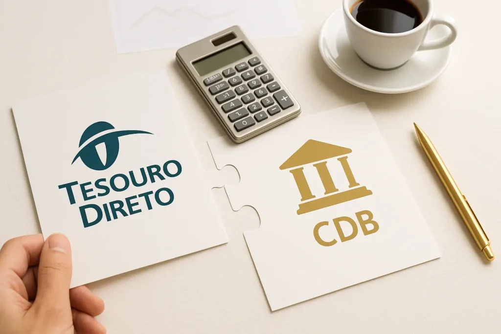 Capa ilustrando comparação entre Tesouro Direto e CDB em mesa de planejamento financeiro.