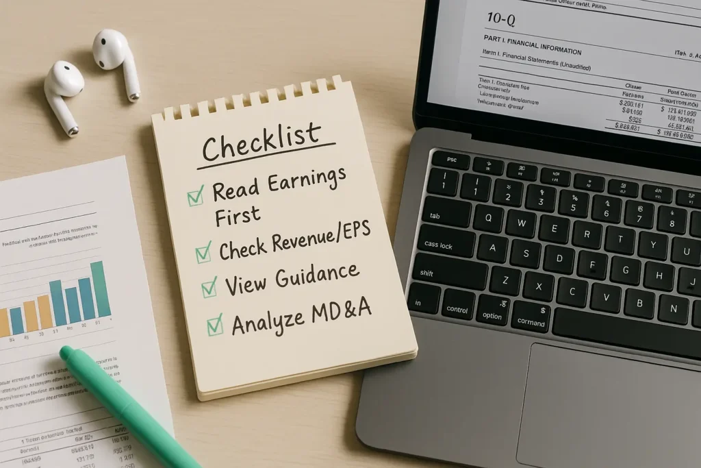 Checklist de leitura de relatórios financeiros em inglês ao lado de laptop