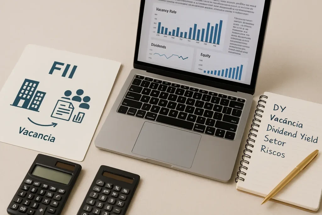 Notebook com análise de FII e anotações mostrando como avaliar fundos imobiliários