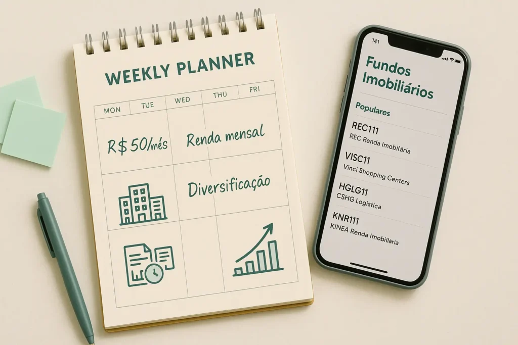 Planner e aplicativo mostrando como começar a montar carteira de fundos imobiliários