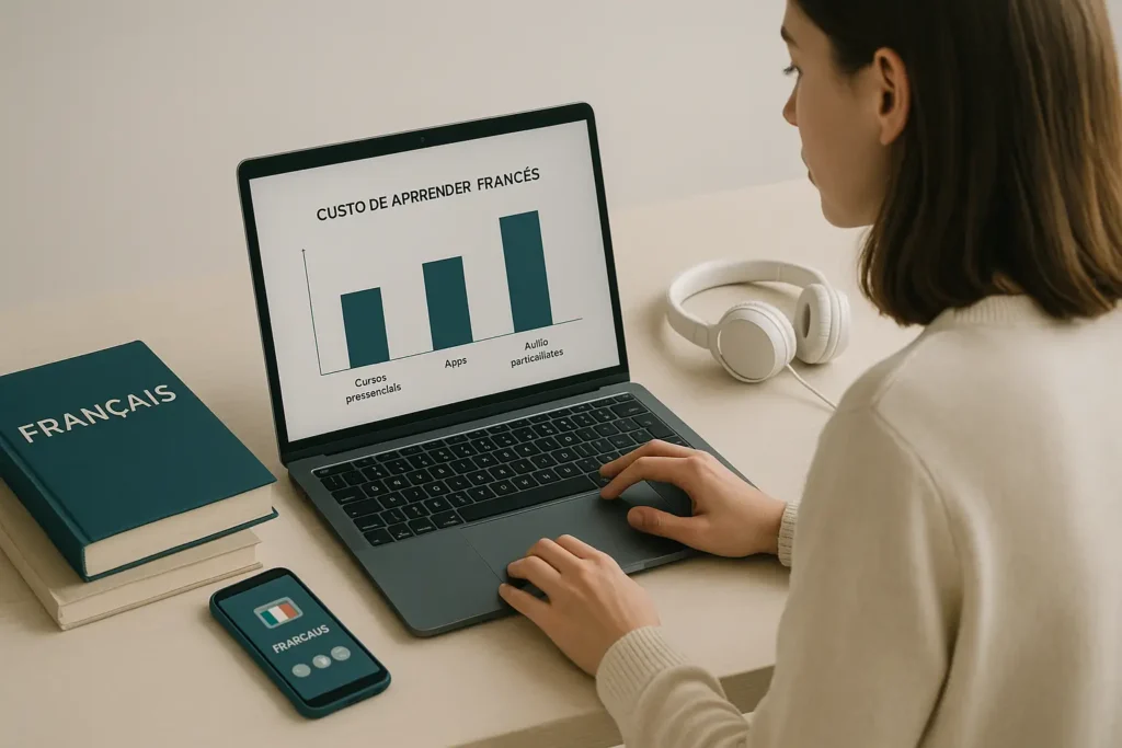 Estudante comparando custos de métodos para aprender francês no notebook.