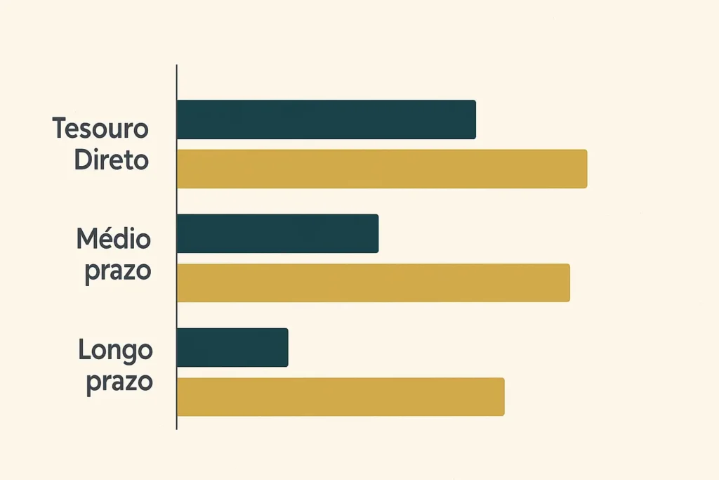 Gráfico comparativo mostrando rendimento de Tesouro Direto e CDB no curto, médio e longo prazo.
