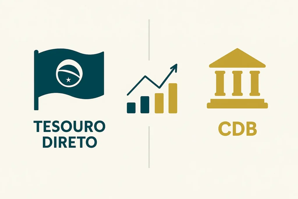 Comparação visual entre Tesouro Direto e CDB, mostrando diferenças principais.