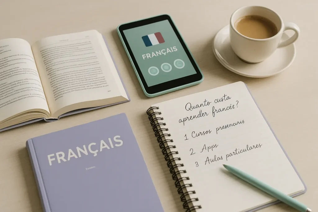 Mesa de estudo com livro de francês, aplicativo e anotações sobre quanto custa aprender francês.