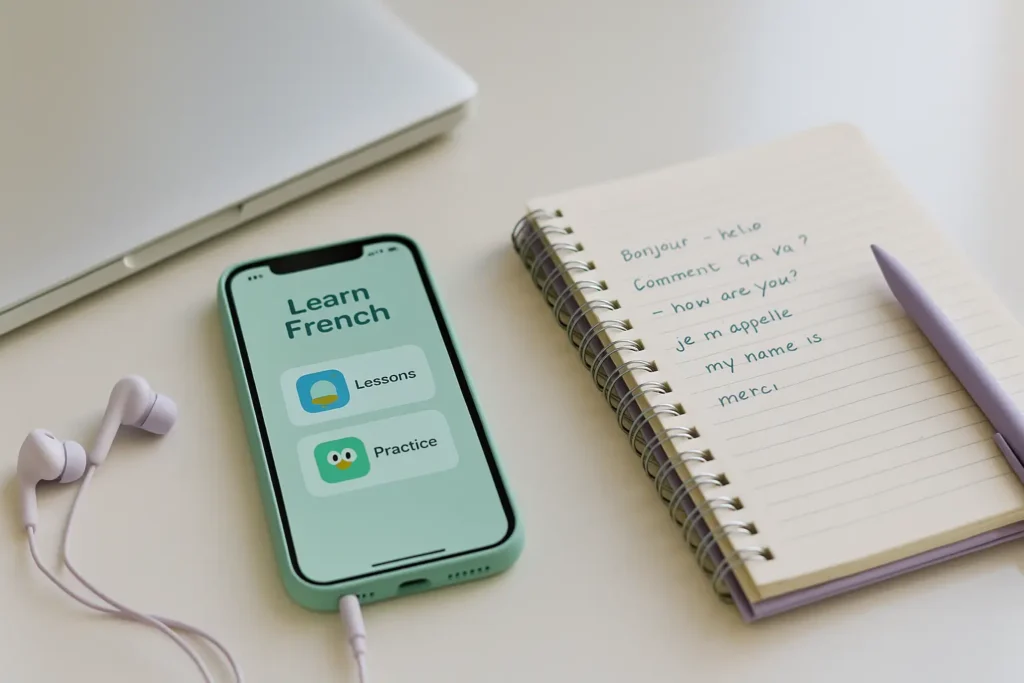 Materiais simples para estudar francês sozinho, incluindo app no celular e caderno.