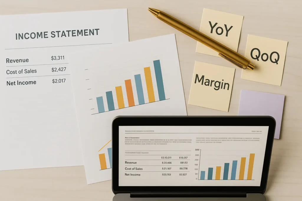 Balanço financeiro com termos em inglês e gráficos de comparação