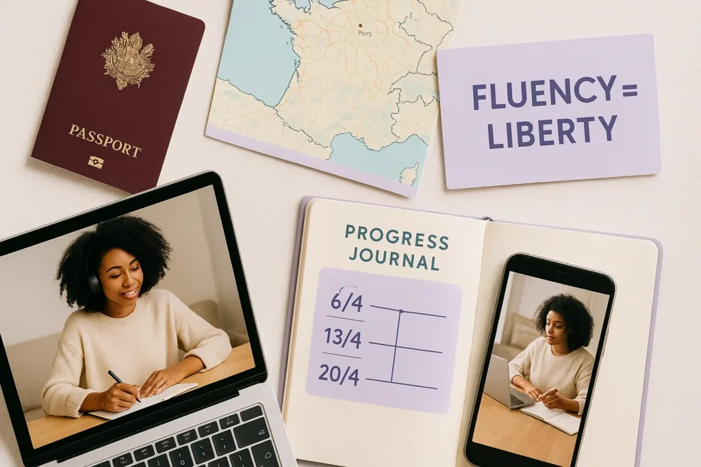 Elementos visuais representando a jornada rumo à fluência em francês e liberdade