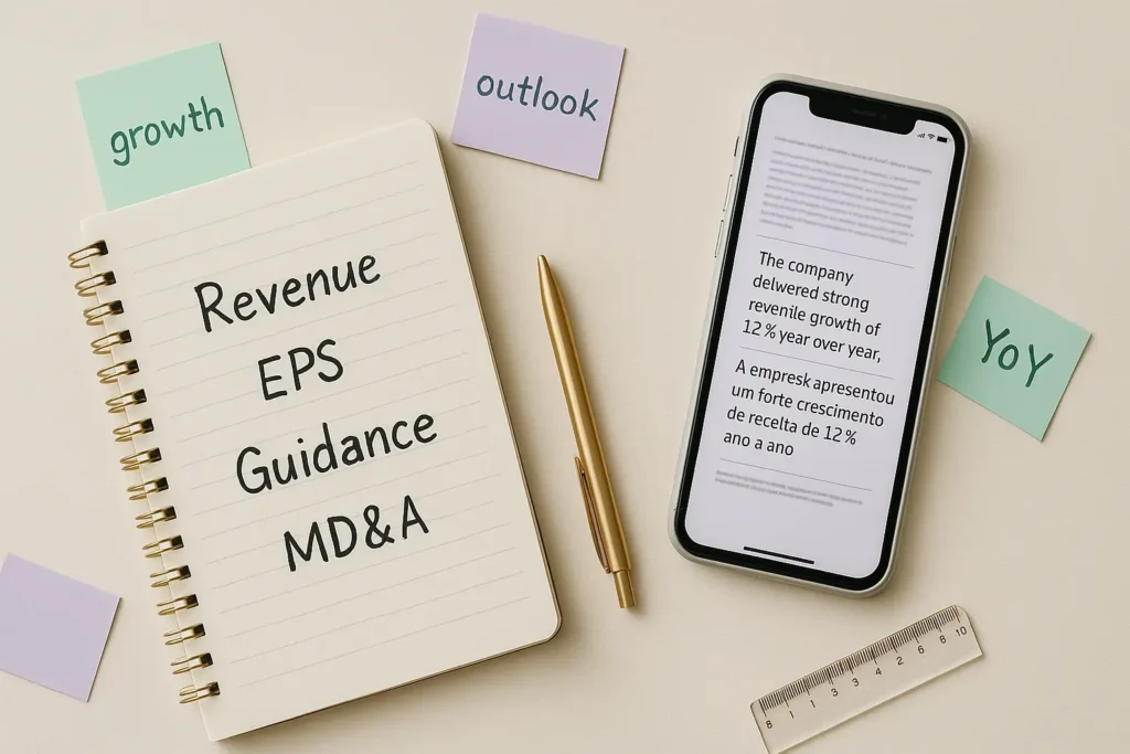 Caderno com termos financeiros em inglês mostrando como entender relatórios de empresas dos EUA