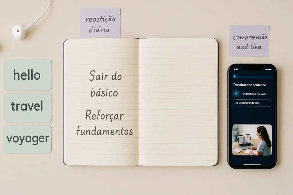 Caderno e cartões bilíngues ilustrando como evoluir do inglês ao francês sem travar