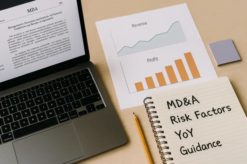 Tela com seção MD&A e gráficos simples representando análise de relatório