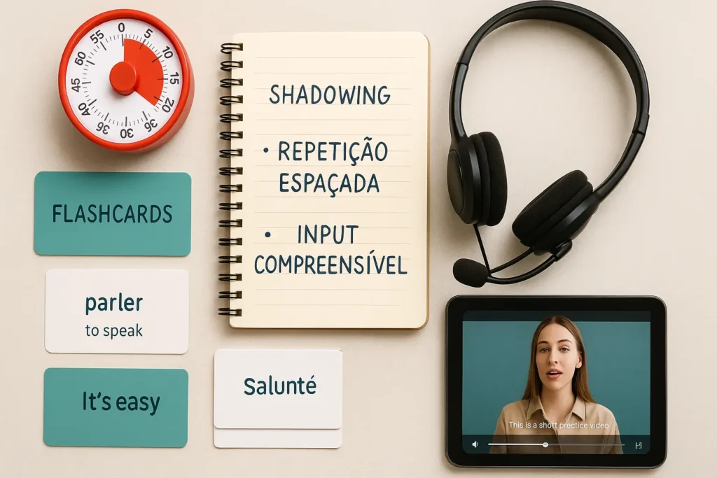 Materiais de estudo mostrando técnicas para destravar fluência em inglês e francês