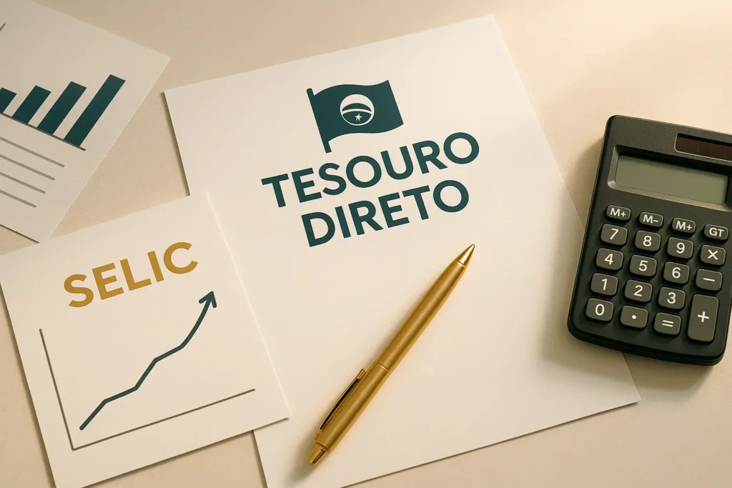 Mesa com gráficos de Selic e título do Tesouro Direto representando segurança e previsibilidade.