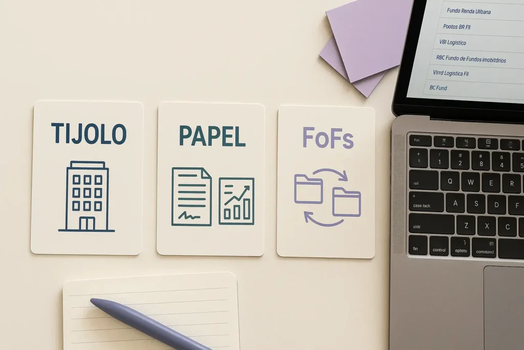 Representação visual dos tipos de fundos imobiliários: tijolo, papel e FoFs