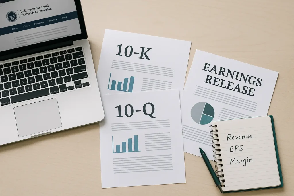 Documentos 10-K, 10-Q e Earnings Release destacados sobre mesa de estudo