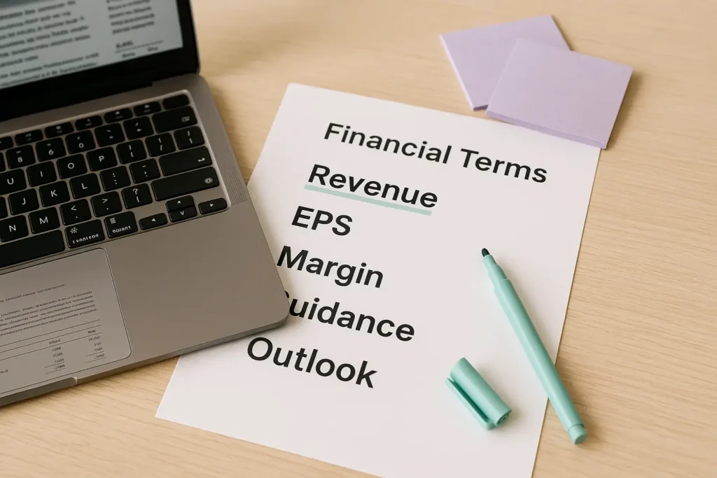 Termos financeiros em inglês como Revenue e EPS destacados em folha de estudo