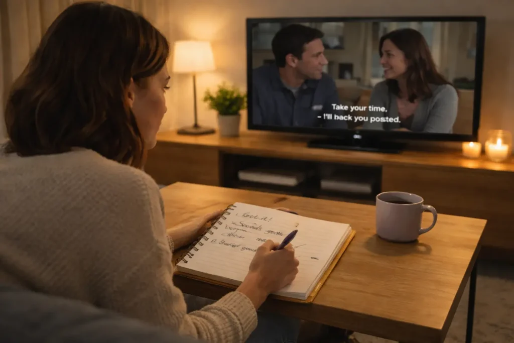 Pessoa aprendendo inglês com séries americanas de forma prática.