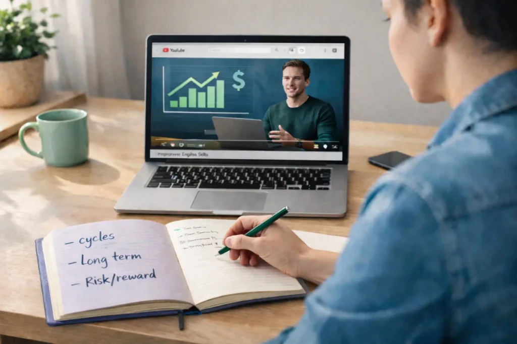 Pessoa aprendendo inglês e investimentos com vídeos financeiros no YouTube