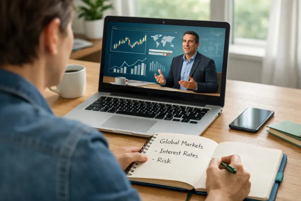 Pessoa aprendendo investimentos globais em inglês com vídeos educativos