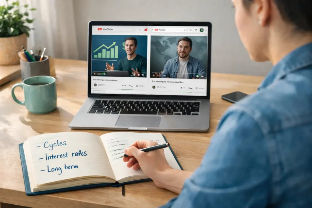 Pessoa analisando canais de investimentos em inglês no YouTube