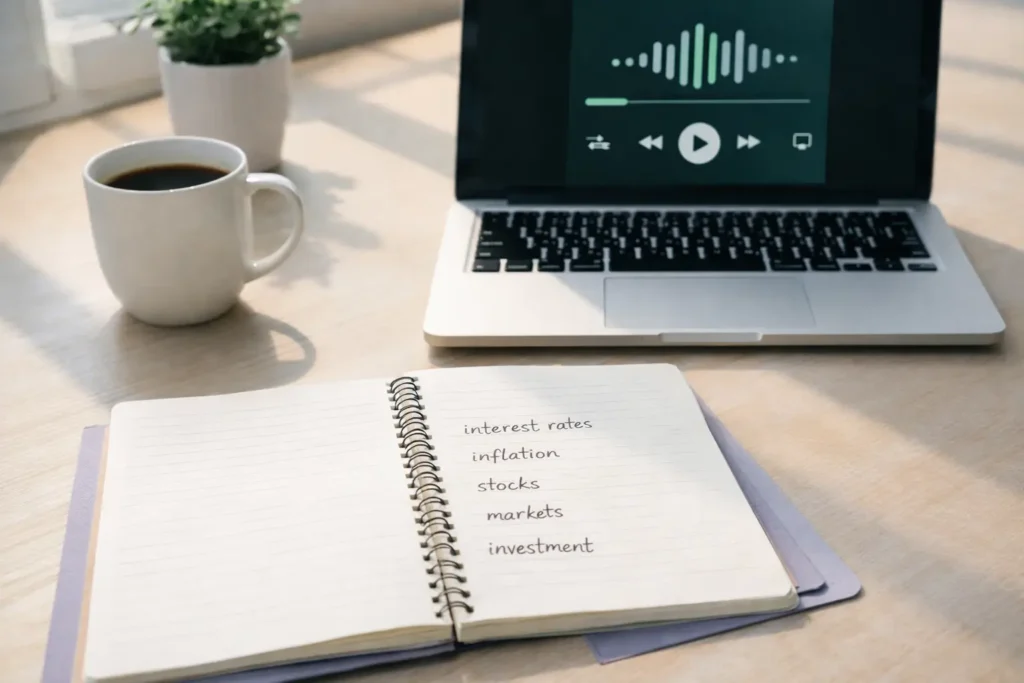 Mesa de estudo com vocabulário financeiro em inglês para entender podcasts