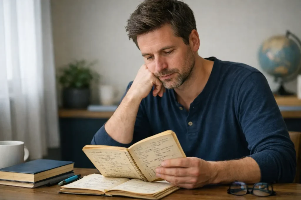 Adulto refletindo sobre como voltar a estudar idiomas depois de uma pausa.