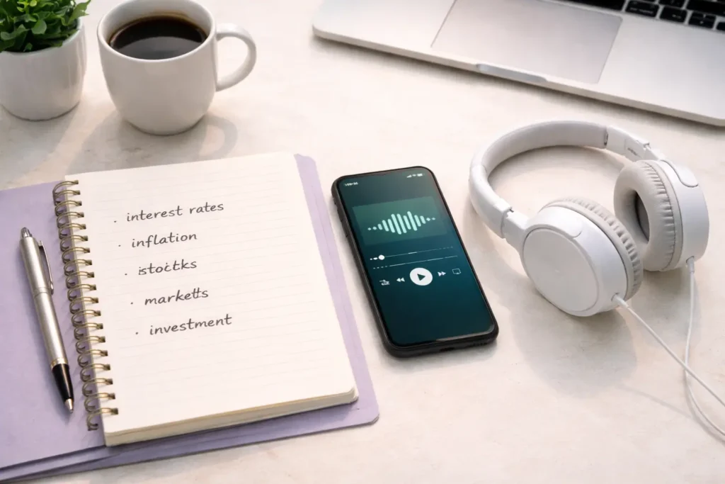 Mesa de estudo com podcast de finanças em inglês aberto no celular, representando aprendizado no nível intermediário