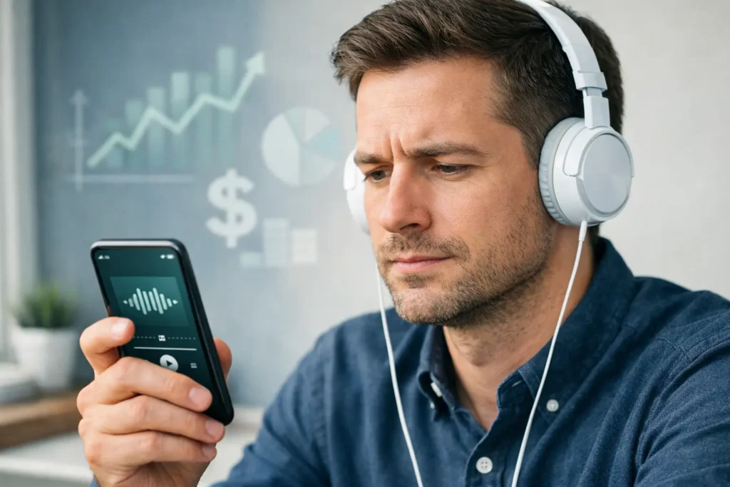 Pessoa ouvindo podcasts de finanças em inglês e enfrentando dificuldades no listening