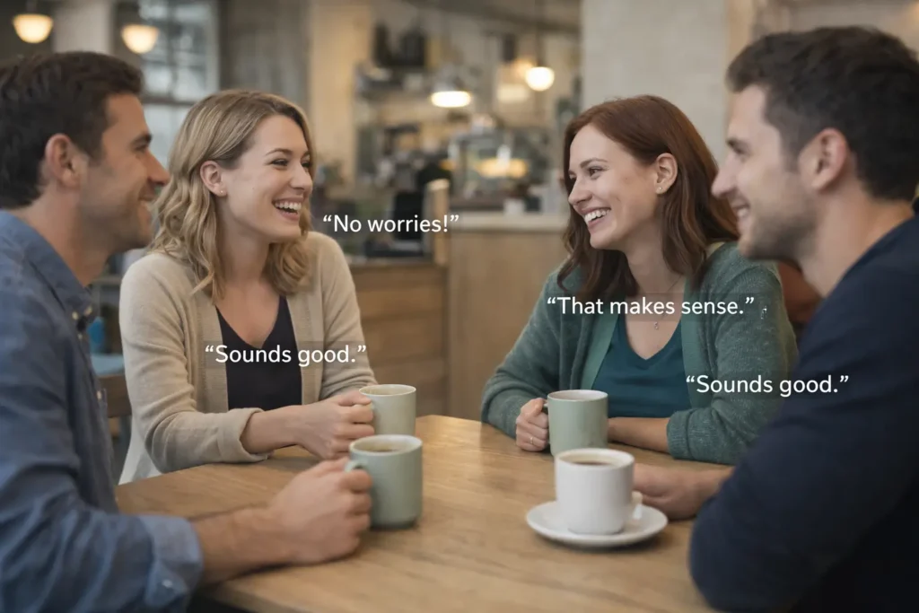 Pessoas usando expressões em inglês do cotidiano em conversa informal.