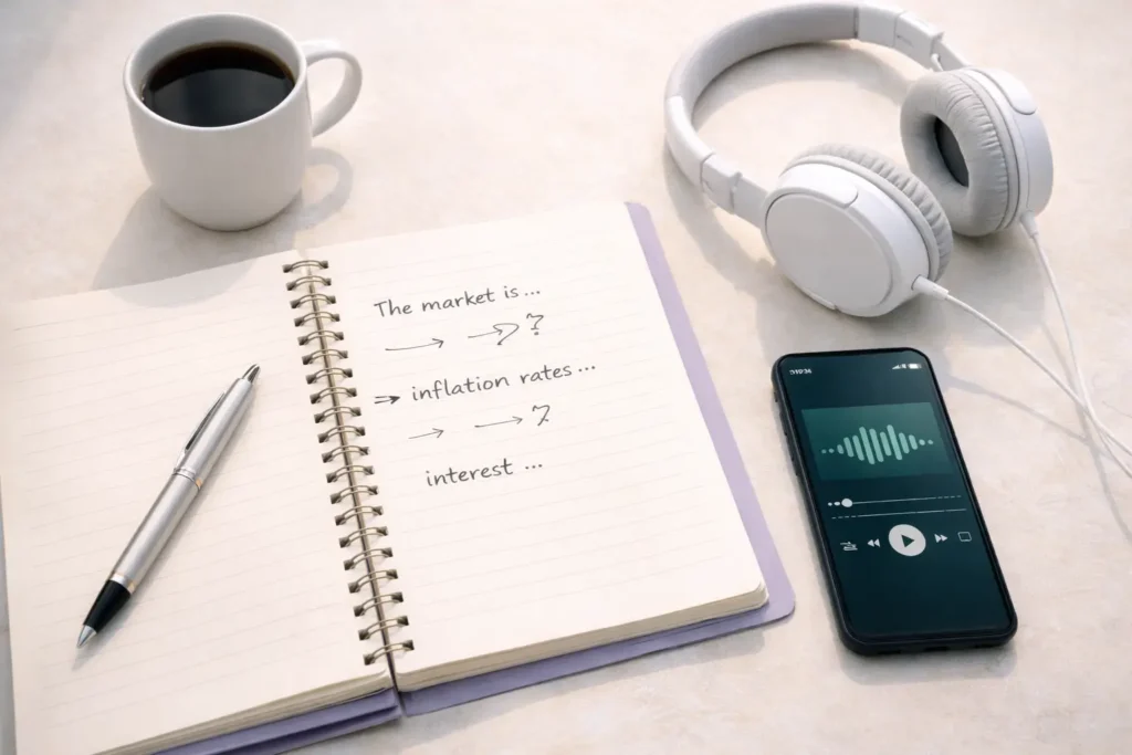 Materiais de estudo com podcast de finanças em inglês antes do treino de listening.