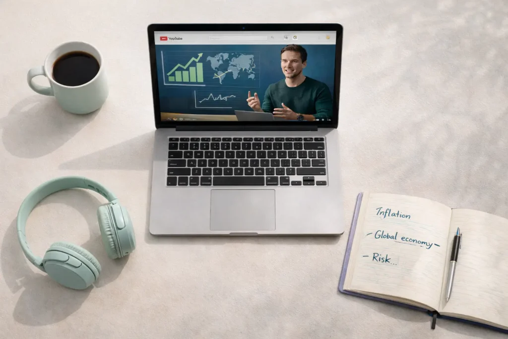 Aprendizado de investimentos globais em inglês com vídeos e anotações práticas