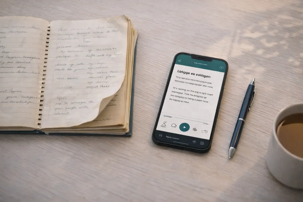 Materiais antigos e novos simbolizando voltar a estudar idiomas após uma pausa.