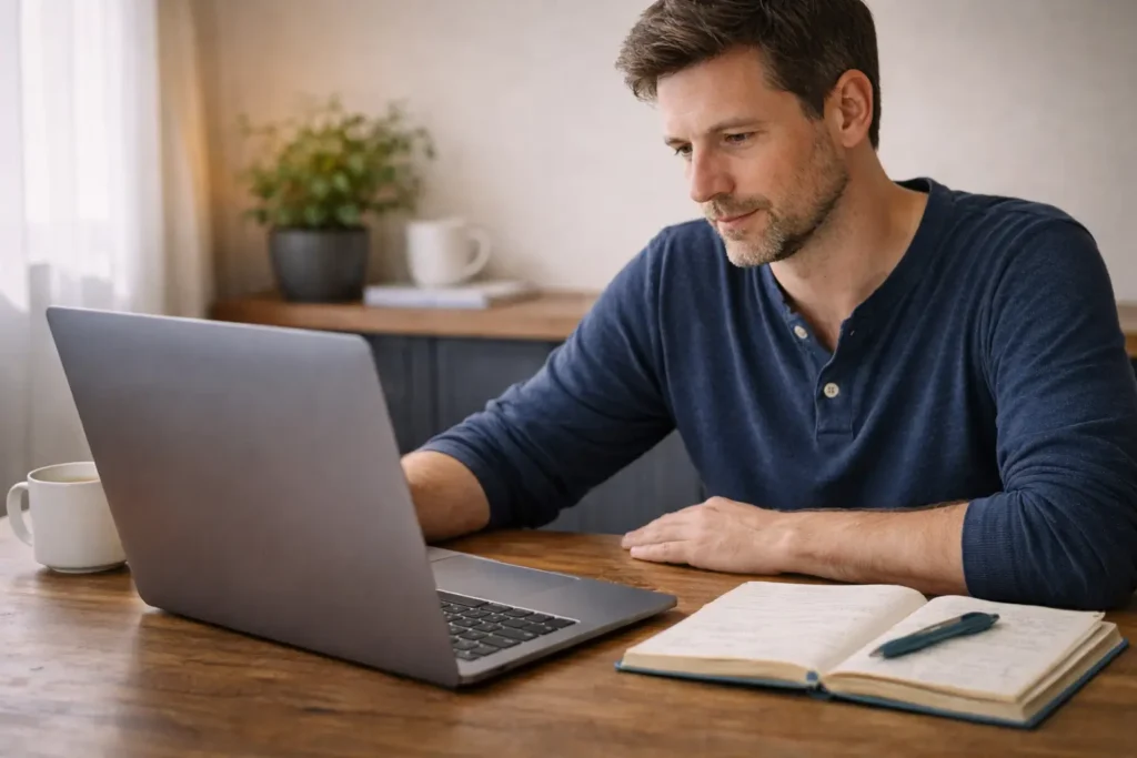 Adulto recomeçando os estudos de idiomas de forma leve e prática.