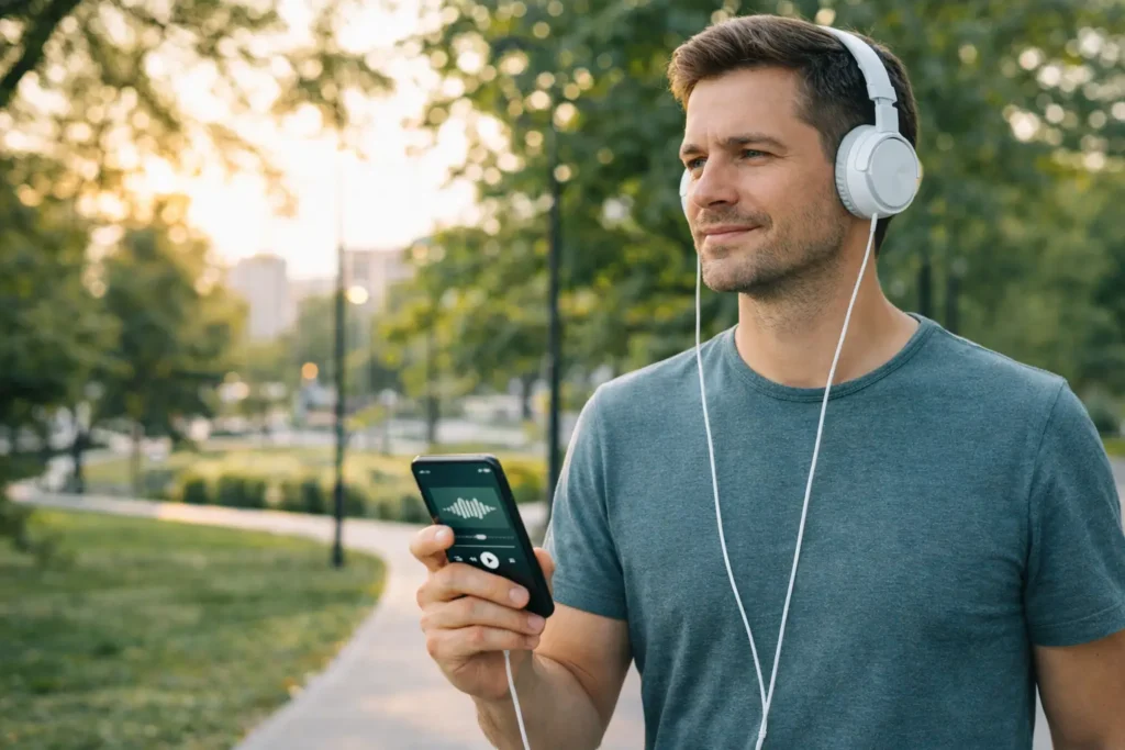 Pessoa ouvindo podcasts de finanças em inglês durante a rotina diária