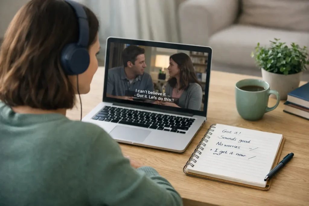 Pessoa aprendendo inglês real com séries americanas em casa.