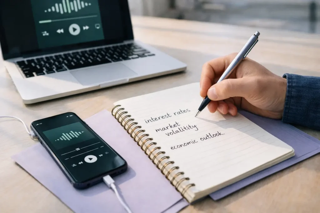 Pessoa treinando listening em inglês com podcasts de finanças