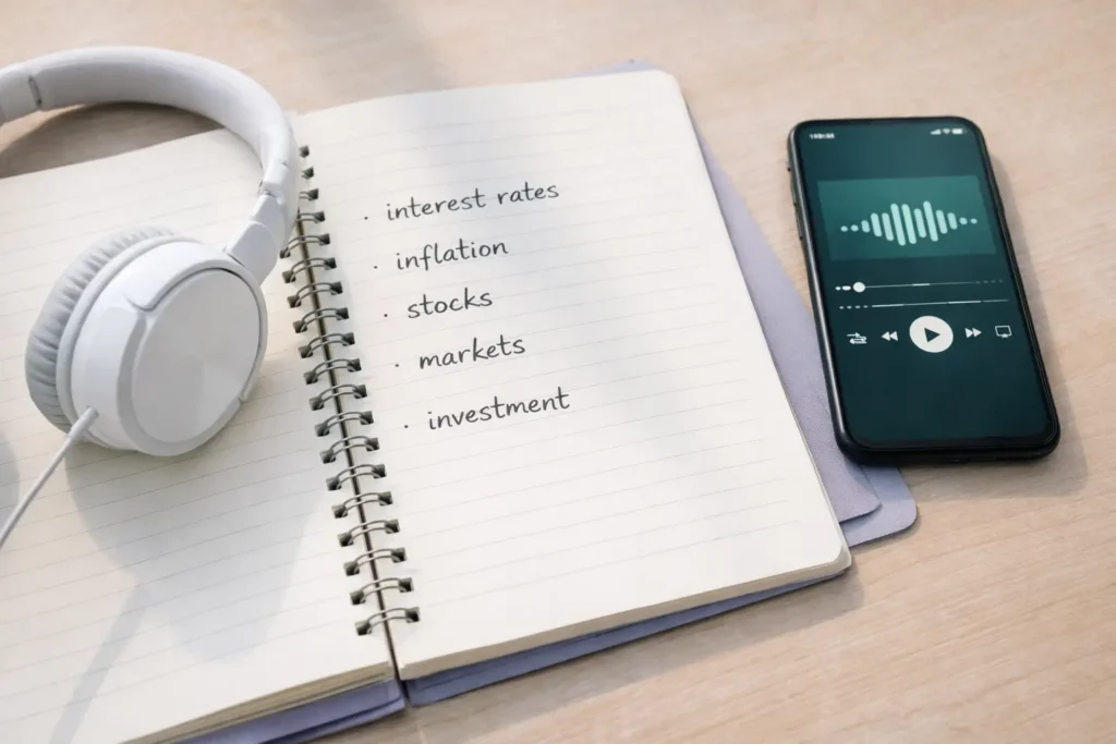 Anotações de vocabulário financeiro em inglês feitas a partir de podcasts