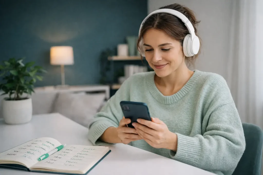 Pessoa estudando idiomas com smartphone, fones de ouvido e caderno de vocabulário