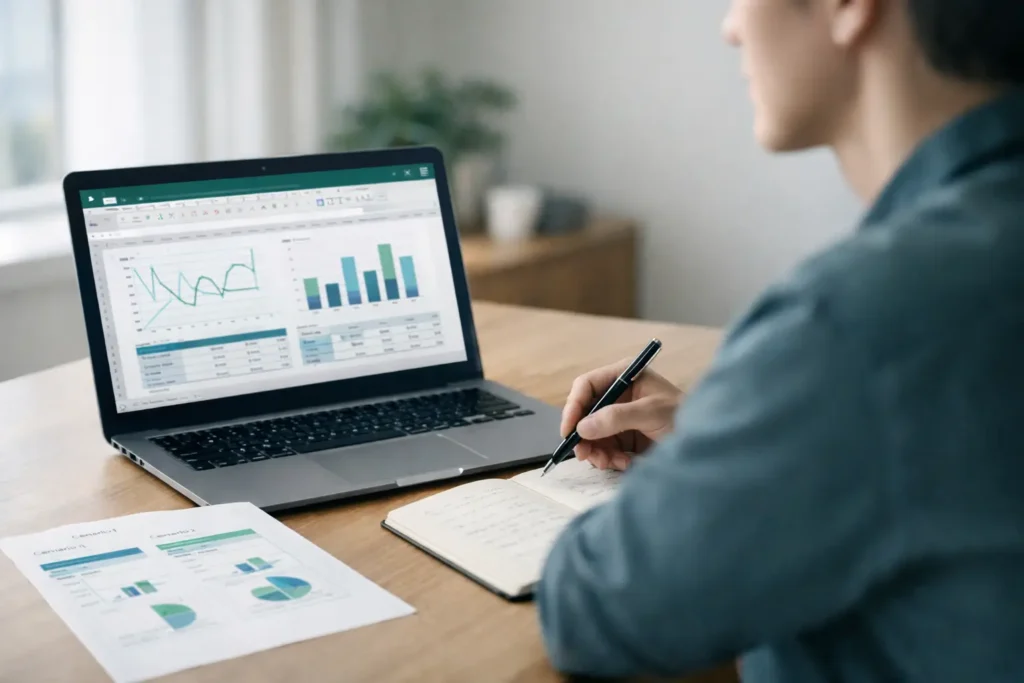 Profissional analisando gráficos no Excel para tomada de decisão estratégica.