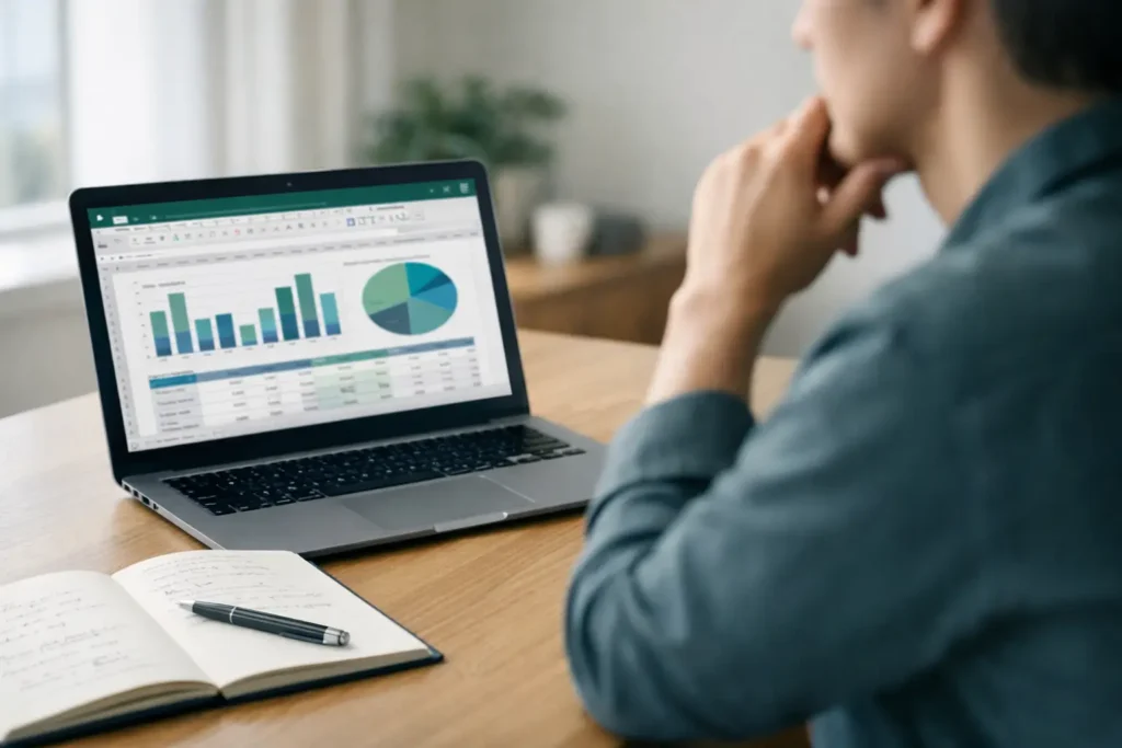 Pessoa analisando planilha no Excel com gráficos organizados para tomada de decisão estratégica.