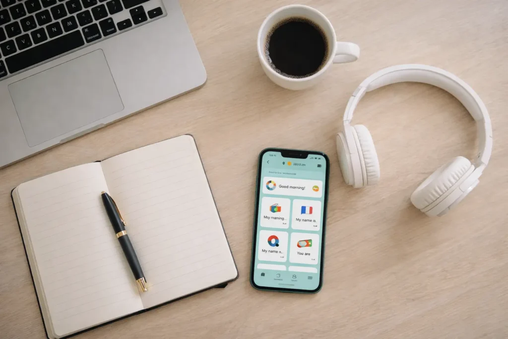 Mesa organizada com ferramentas para aprender idiomas e organizar finanças