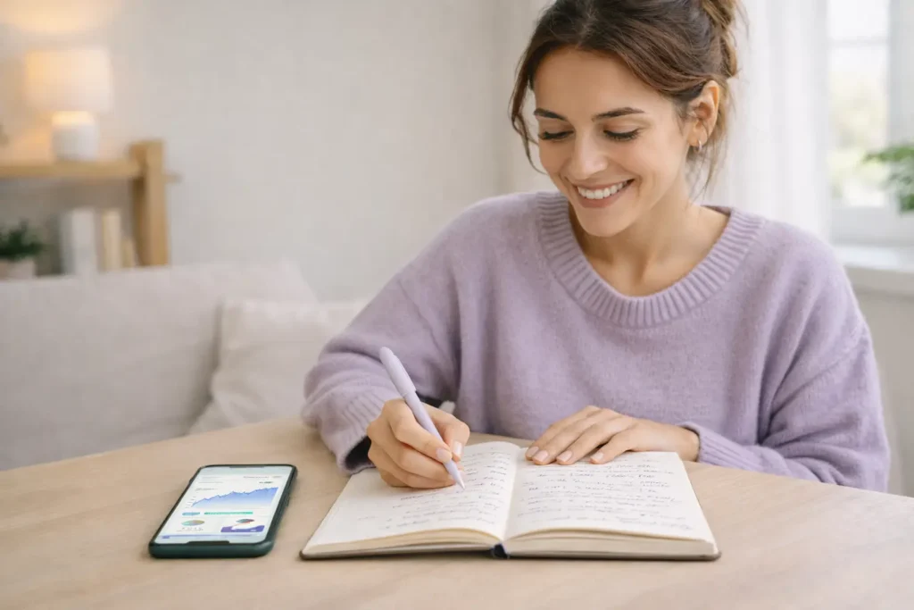 Pessoa acompanhando progresso de estudos com caderno e aplicativo no smartphone